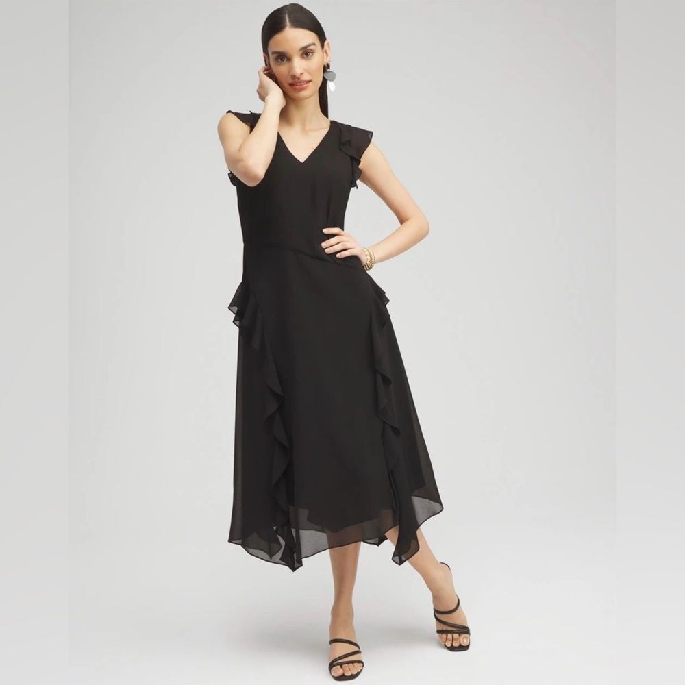Chico’s Chiffon Ruffle Midi Dress SZ 3.5 US XL Cap Sleeve V Neck Back Zipper BLK